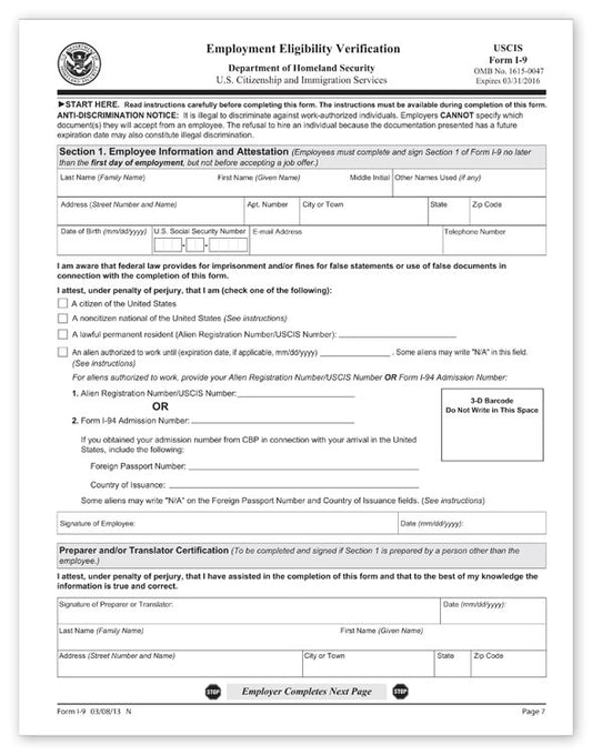 TF1025 I-9 Employment Eligibility Verification 8 1/2 x 11"  QTY 100