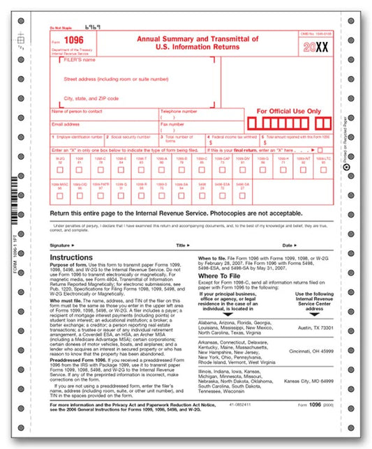 TF1096 Continuous 1096 Transmittal 9 x 11" QTY 5