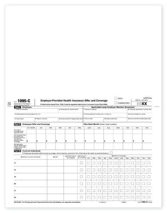 TF5096 Laser ACA 1095C Employer Provided Health Insurance 8 1/2 x 11" QTY 100