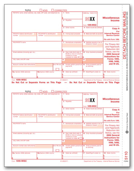 TF5110B Bulk Carton Federal Copy A Laser 1099 Miscellaneous Income 8 1/2 x 11" QTY 1 Carton