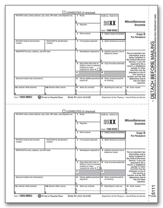 TF5111B Laser 1099 Miscellaneous Income Recipient Copy B Bulk 8 1/2 x 11" QTY 1 Carton