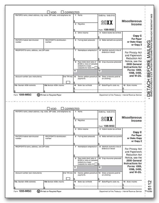 TF5112 Laser 1099 Miscellaneous Income Payer State Copy C 8 1/2 x 11"  QTY 100