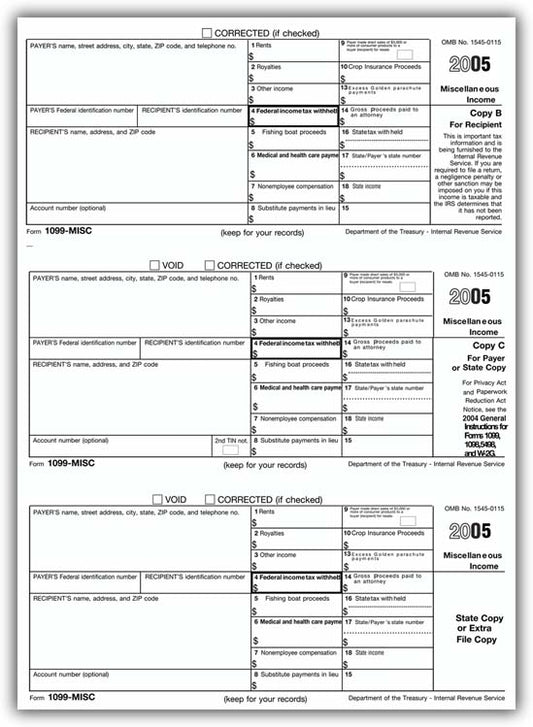 TF5114 Laser 1099 Miscellaneous Income 3 Up 8 1/2 x 11"  QTY 100