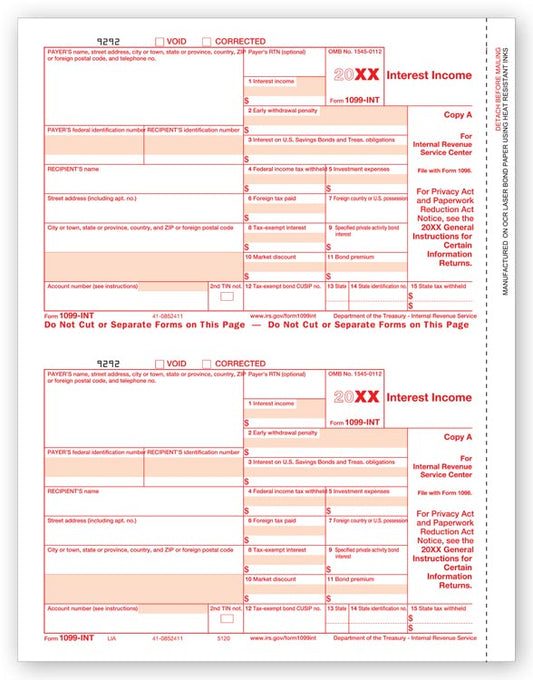 TF5120 Laser 1099 Interest Income Federal Copy A 8 1/2 x 11"  QTY 100