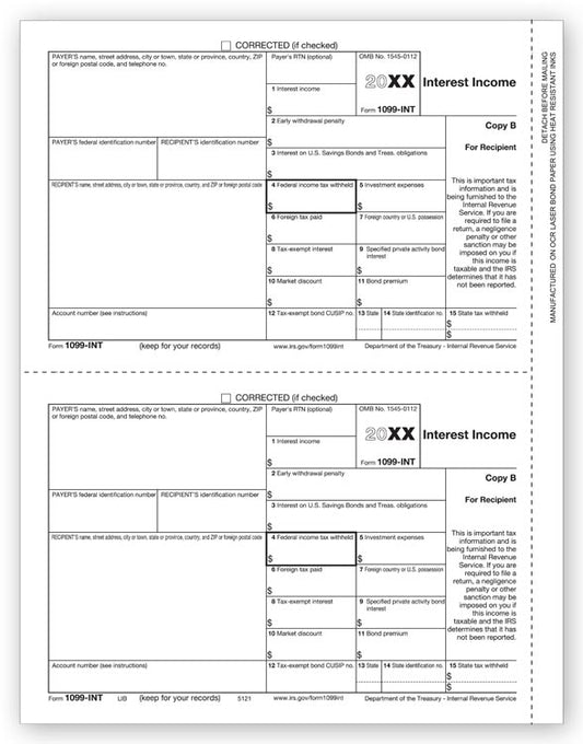 TF5121B Laser 1099-INT Interest Income Recipient Copy B Bulk Carton 8 1/2 x 11" QTY 1 Carton