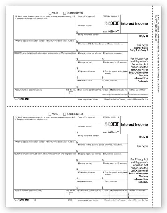 TF5122 Laser 1099-INT Interest Income State Copy C 8 1/2 x 11" QTY 100