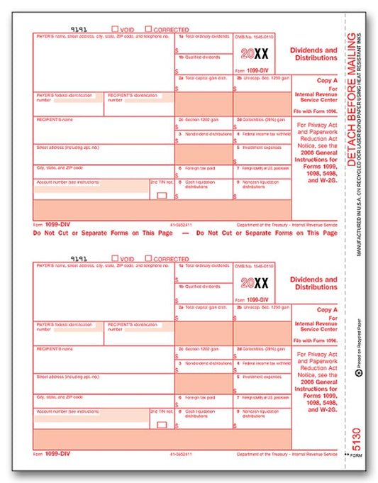 TF5130 Laser 1099-DIV Dividends and Distributions Income Federal Copy A 8 1/2 x 11"  QTY 100