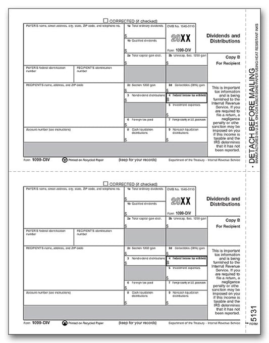 TF5131 Laser 1099-DIV Dividends and Distributions Income Recipient Copy B 8 1/2 x 11"  QTY 100