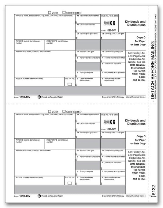 TF5132 Laser 1099-DIV Dividends and Distributions Income State Copy C 8 1/2 x 11"  QTY 100