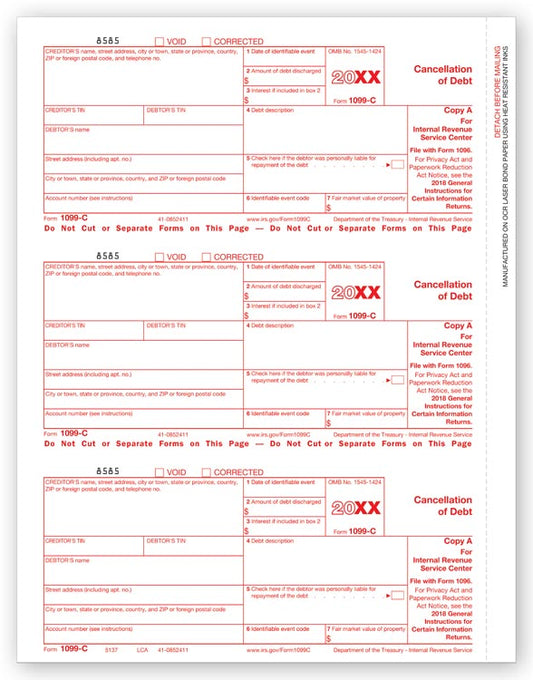 TF5137 Laser 1099-C Federal Copy A 8 1/2 x 11"  QTY 100