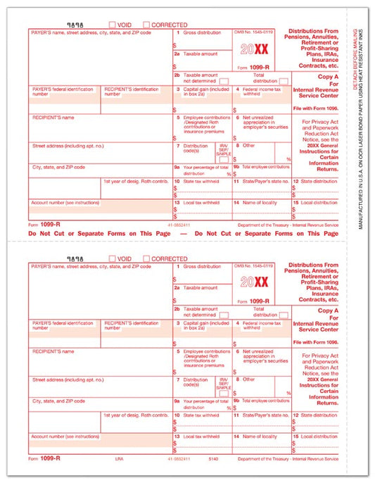 TF5140 Laser 1099-R Federal Copy A 8 1/2 x 11"  QTY 100