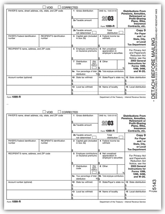 TF5143 Laser 1099-R Copy D 8 1/2 x 11"  QTY 100