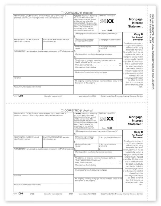 TF5151 Laser 1098 Mortgage Interest Payer/Borrower Copy B 8 1/2 x 11"  QTY 100