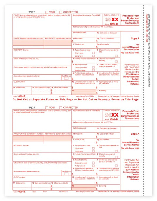 TF5153 Laser 1099-B Federal Copy A 8 1/2 x 11" 8 1/2 x 11"  QTY 100