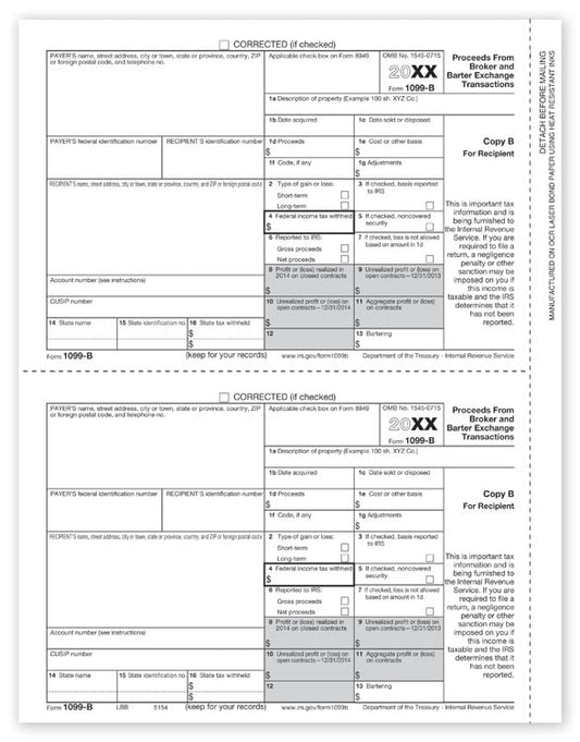 TF5154 Laser 1099-B Recipient Copy B 8 1/2 x 11"  QTY 100