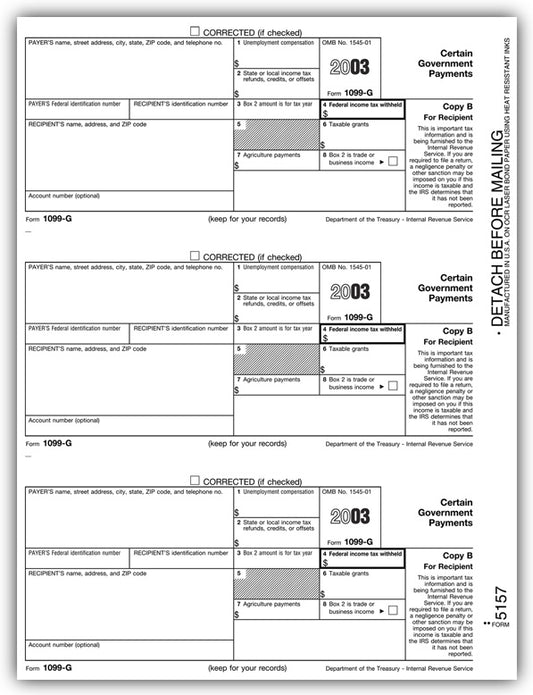 TF5157 Laser 1099-G Payer and/or Borrower Copy B 8 1/2 x 11"  QTY 100