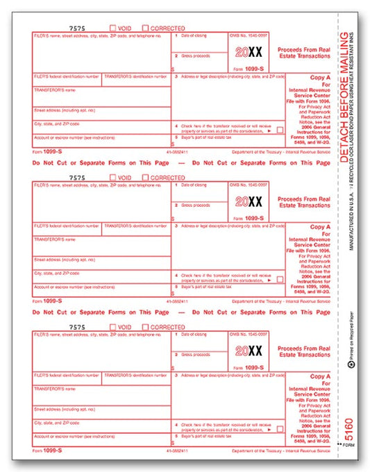 TF5160 Laser 1099-S Federal Copy A 8 1/2 x 11"  QTY 100