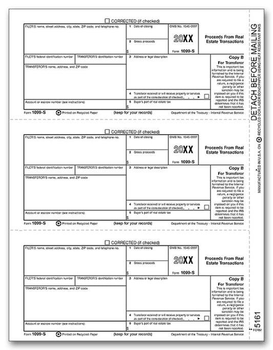 TF5161 Laser 1099-S Recipient Copy B 8 1/2 x 11"  QTY 100