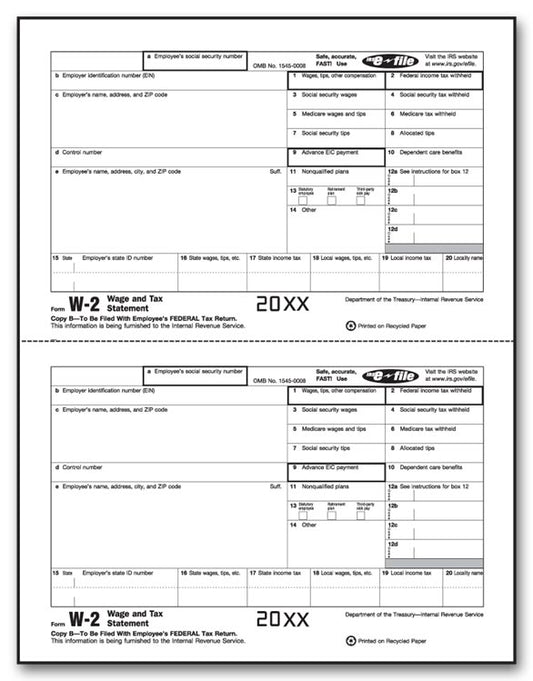 TF5202B Laser W-2 Employee Copy B Bulk 8 1/2 x 11" QTY 1 Carton