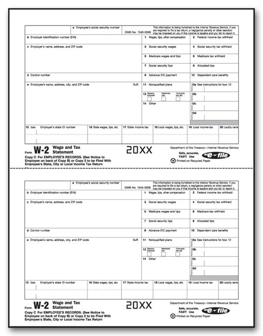 TF5203B Laser W-2 Employee Copy 2/Copy C Bulk 8 1/2 x 11"  QTY 1 Carton