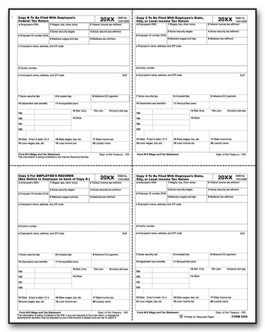 TF5205A 4-Up Laser W-2 P-Style Format 8 1/2 x 11"  QTY 25