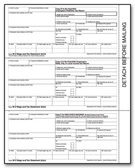 TF5210 3-Up Laser W-2 Employee Copy Horizontal Format 8 1/2 x 11"  QTY 100