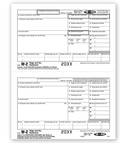 TF5212B Laser W-2 Copy B and 2/C Bulk 8 1/2 x 11"  QTY 1 Carton