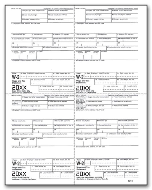 TF5214B Laser W-2 4-Up Employee Copy M-Style Bulk 8 1/2 x 11"  QTY 1 Carton