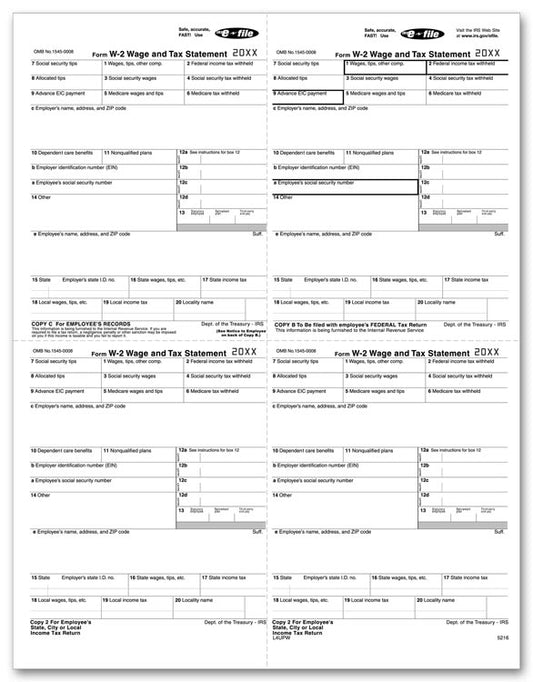 TF5216B Laser W-2 4-up Employee W-Style Bulk 8 1/2 x 11"  QTY 1 Carton