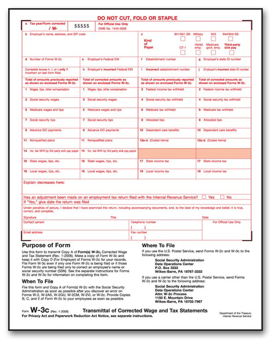 TF5309 Laser W-3C Transmittal of Corrected Income 8 1/2 x 11" QTY 5