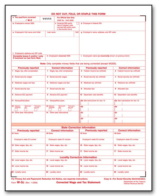 TF5313 Laser W-2C Corrected Wage & Tax Statement SSA Copy A 8 1/2 x 11"  QTY 100