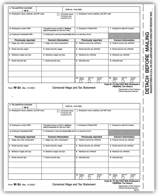 TF5314 Laser W-2C Corrected Wage Employee Copy B 8 1/2 x 11" QTY 100