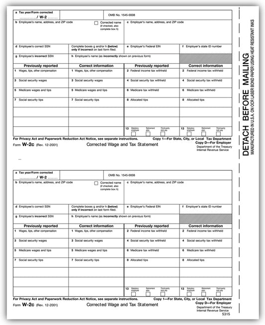 TF5315 Laser W-2C Corrected Wage State City or Local Copy 1 or D 8 1/2 x 11" QTY 100