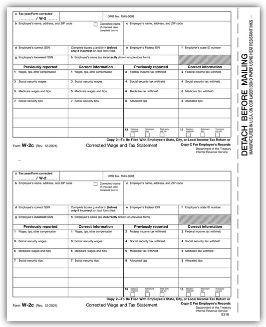 TF5316 Laser W-2C Corrected Wage Employee Copy 2 or C 8 1/2 x 11"  QTY 100