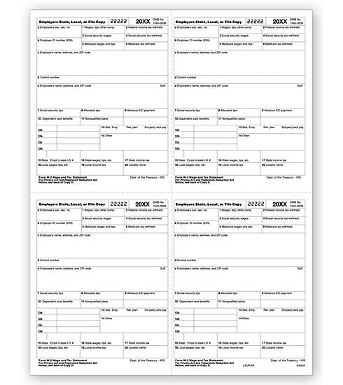 TF5405A Laser W-2 4-Up Employer Copy P-Style 8 1/2 x 11"  QTY 100