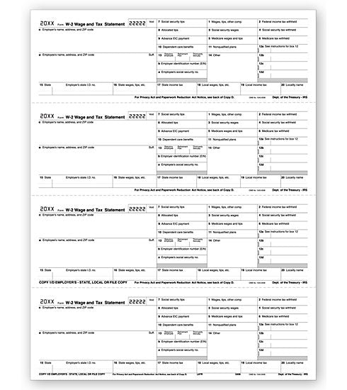 TF5406B Laser W-2 Employer Copy 4-Up Horizontal Format Bulk 8 1/2 x 11"  QTY 1 Carton