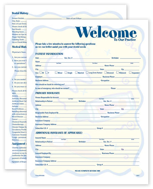 W4098 Two Sided Registration & History Form Smile Helpers Design 8 1/2 x 11" QTY 300